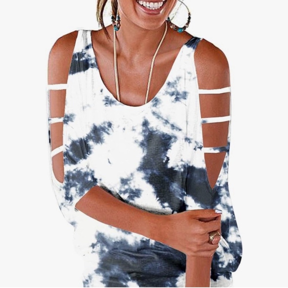 LEIYEE Top Tie Dye Cold Shoulder Cut Out Three Quarter Dolman Sleeve LIKE NEW